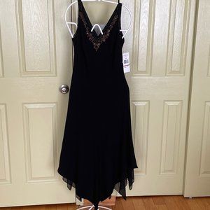 Holiday dress, sleeveless, fully lined, gold silver beading, high low